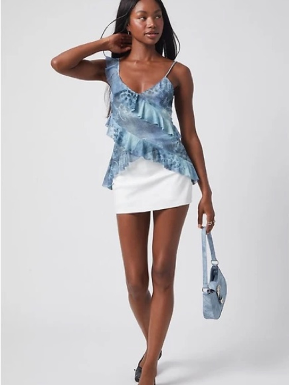 Pacsun Your Favorite Josie Mesh Ruffle Tank Top in Blue NWT